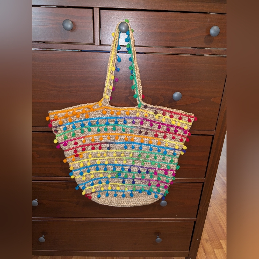 Circus By Sam Edelman Jute Bag With POM POMS Rainbow